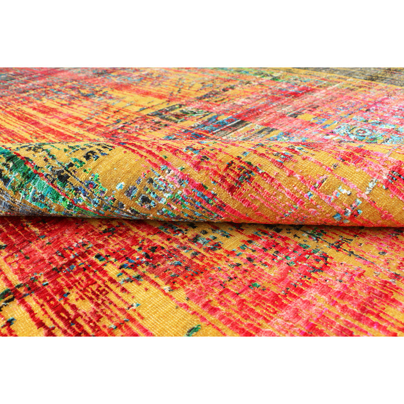 Hand Knotted Area Rug in Gold And Red, Rectangle 9' x 12'