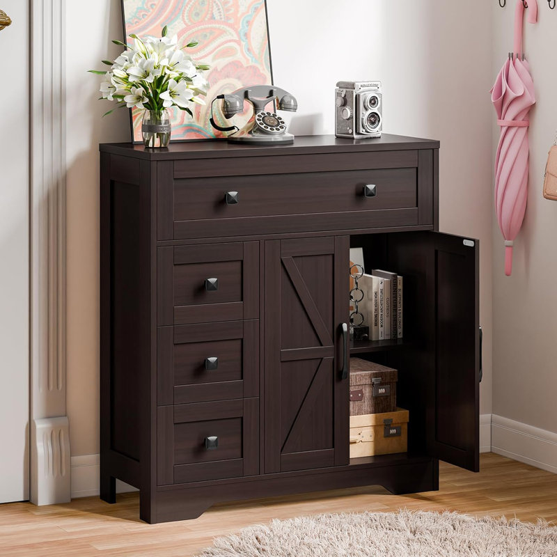 Farmhouse Storage Cabinet With 2 Doors And 4 Drawers, Freestanding Bathroom Storage Cabinet Kitchen Pantry Cabinet, Floor Storage Cabinet Hutch Cupboard For Living Room/Bathroom/Kitchen,