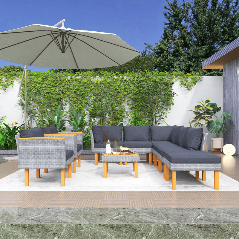 Ensemble de conversation pour l'extérieur, ensemble de meubles de patio en rotin 9 pièces, avec pieds en bois d'acacia et ensemble de canapé modulaire en rotin de table PE avec table basse, coussin lavable, gris