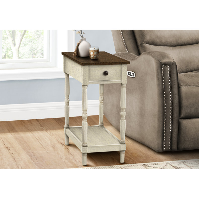 Table d'appoint de 63,5 cm de haut avec tiroir - Style traditionnel en placage brun, tablette à 2 niveaux pour petits espaces