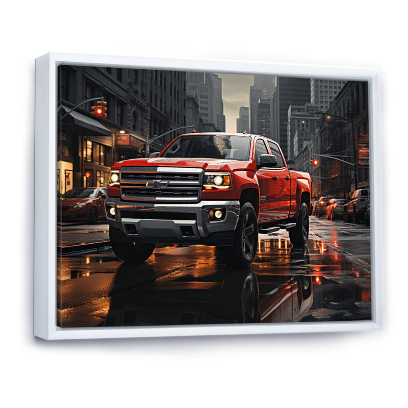 Red Pickup Truck Cityscape Hauler II - Transportation Canvas Art Print, H 30 po x l 40 po x P 1,5 po, Cadre flottant blanc