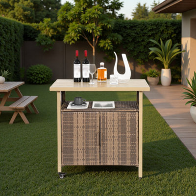 Outdoor Wicker Bar Cart, Patio Wine Serving Cart Wheels , Rolling Rattan Beverage Bar Counter Table Glass Top For Porch Backyard Garden Poolside Party