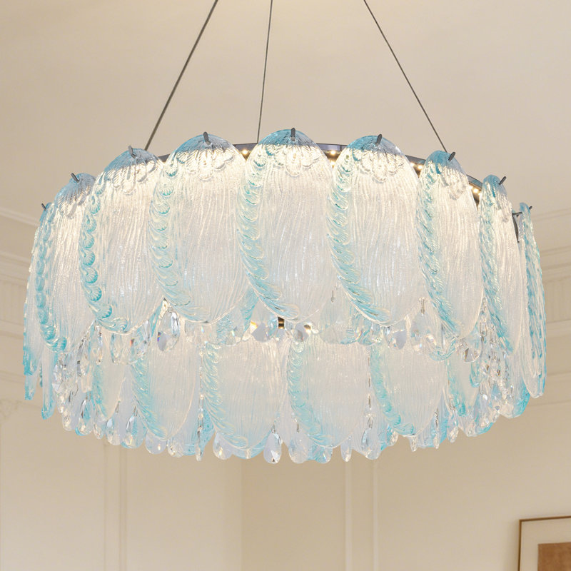 Lustre moderne en cristal rayé bleu turquoise avec source de lumière DEL intégrée