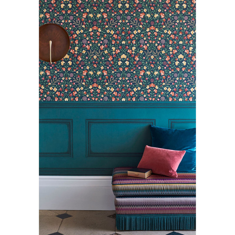 Floral Wallpaper Roll, Yellow/Rose/Hyacinth Blue/Charcoal