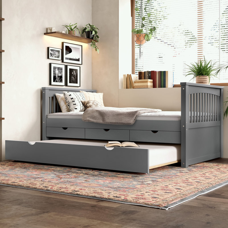 Lit plateforme simple avec tiroirs et lit gigogne, gris