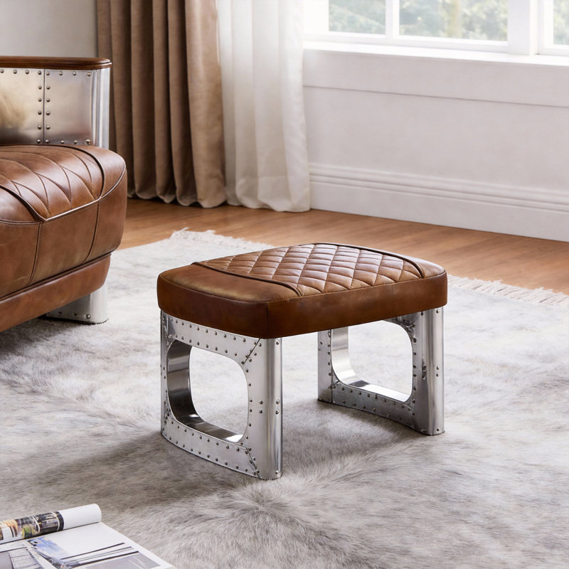 22.44'' Genuine Leather Rectangle  Ottoman&Pouf with nailhead trim, Brown