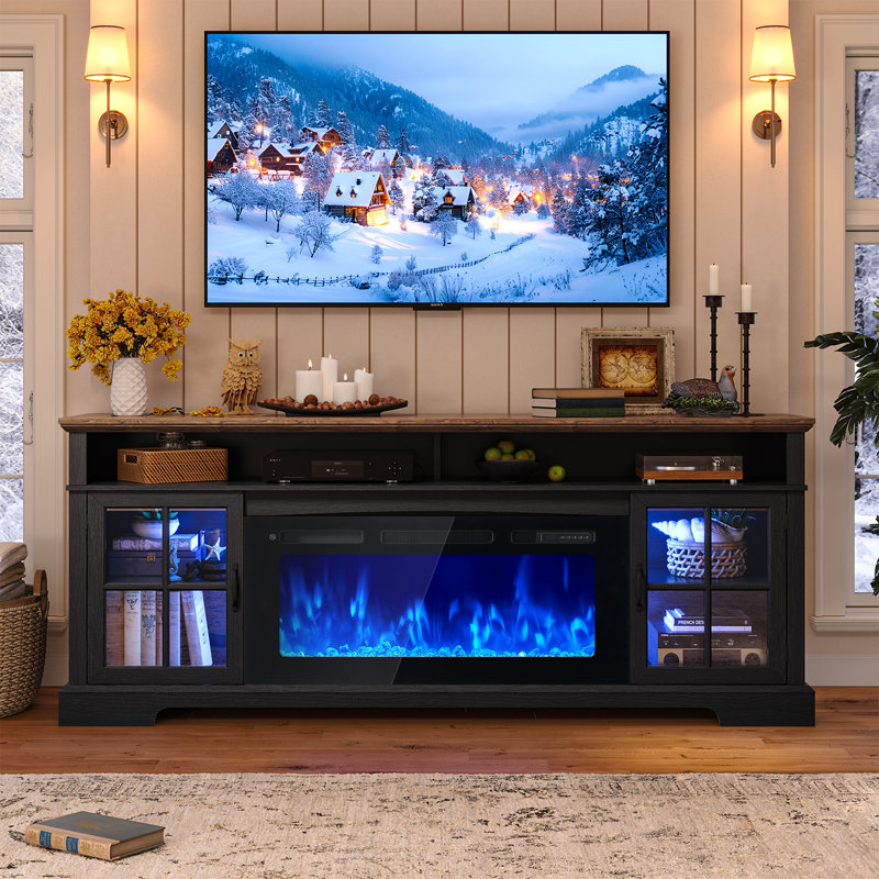 70"W Farmhouse Fireplace TV Stand, Entertainment Center With Adjustable Shelves & Glass Doors, Tv Console With Cable Holes