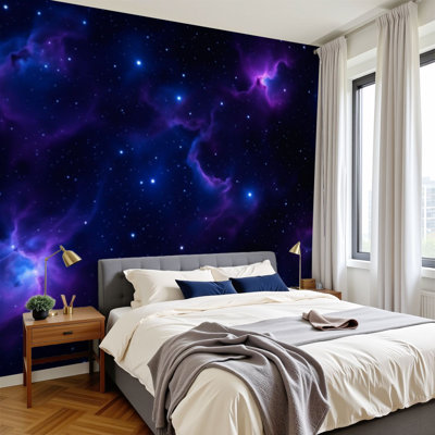 Peel and Stick Wallpaper Blue nebula Outer Space Galaxy Star Wall Murals 100"H x 144"W Removable PVC Wall Paper Self-Adhesive Wall Decor for Bedroom Living Room Home Office