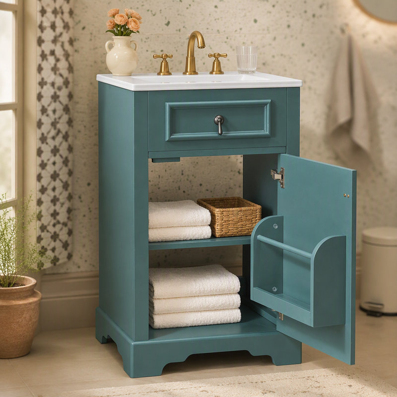 Meuble-lavabo de 20 pouces avec lavabo en céramique, porte à fermeture douce, tablette réglable et support de rangement fixé à la porte - idéal pour les petites salles de bain