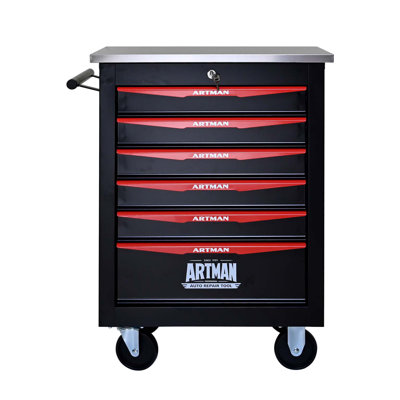 Chariot à outils multifonctionnel à 6 tiroirs avec roulettes, rangement pour chariot à outils roulant en métal pour atelier de garage - atelier de réparation d'entrepôt - avec toit en acier inoxydable - noir et rouge