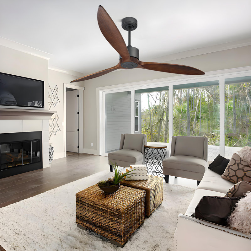 Modern Walnut Solid Wood 3-Blade Ceiling Fan With 6-Speed Control And High Airflow For Open Spaces