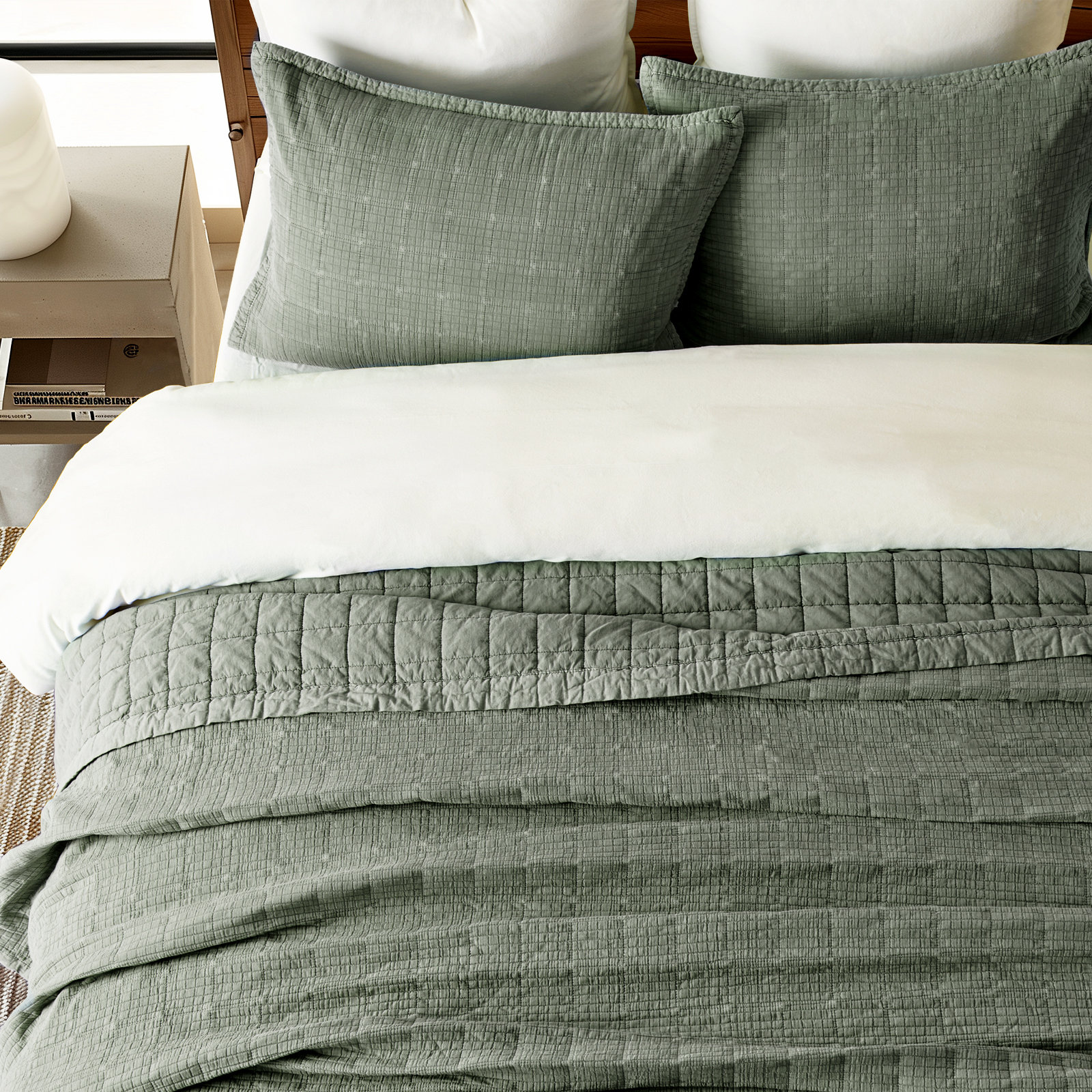 Crinkle Cotton Quilt Set, Olive Green, King Quilt + 2 King Shams