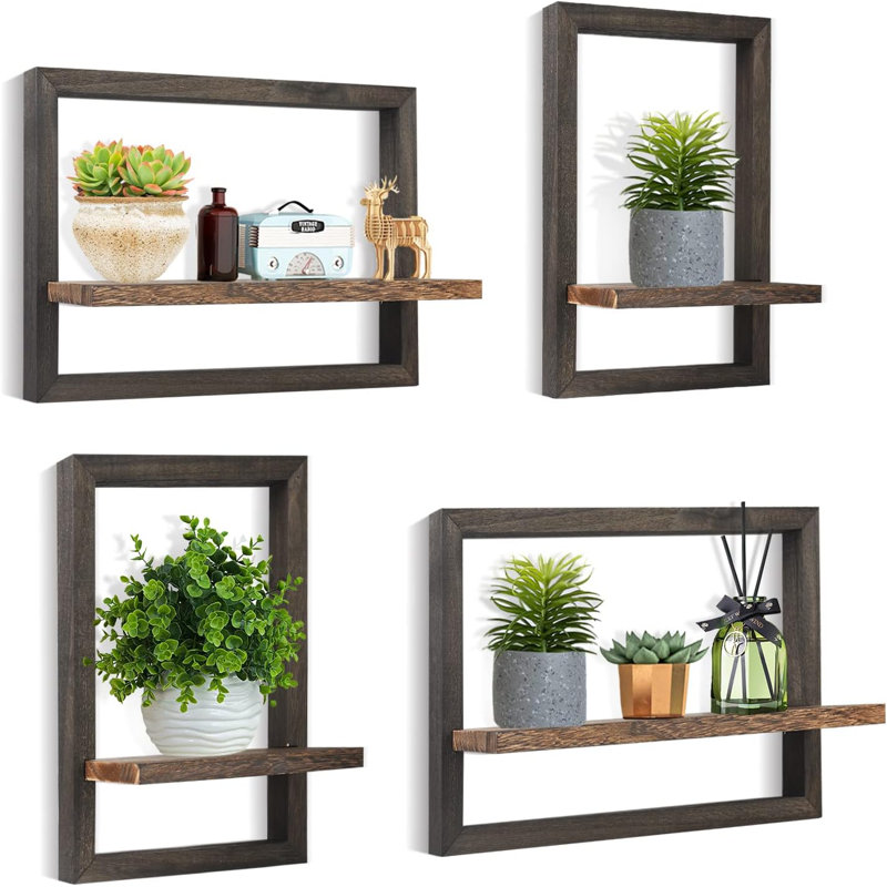 Floating Wall Shelves Set Of 4, Rustic Wooden Hanging Shelves With Hidden Brackets For Bathroom, Living Room, Kitchen Storage And Wall Decor