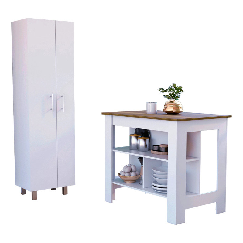 Ensemble de cuisine 9 pièces 2 tablettes 9 portes, îlot de cuisine et garde-manger blanc et noyer