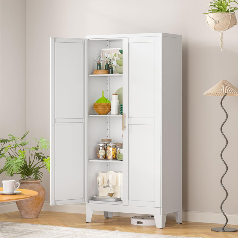 Garde-manger de coin moderne et robuste à 2 portes avec tablettes réglables, Blanc