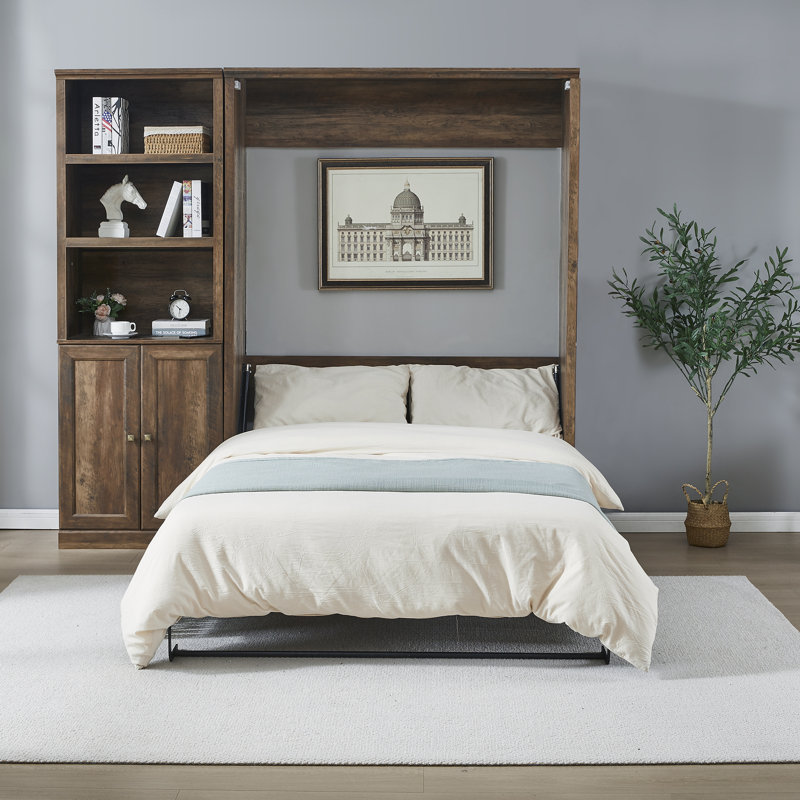Lit escamotable moderne avec armoire latérale pour petites chambres et chambres d'amis, Lit double