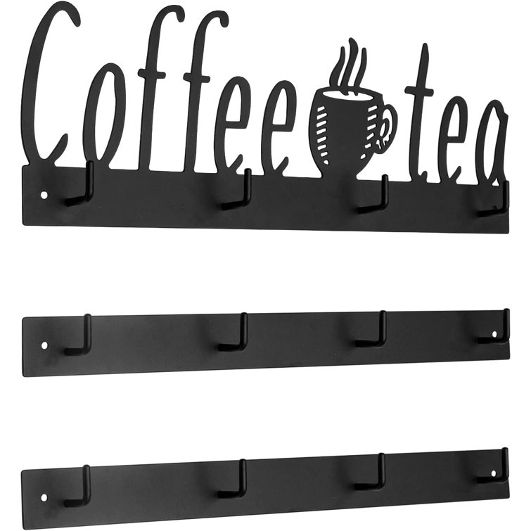 Modern Black Metal Coffee Mug Rack, Wall Mounted Coffee Cup Holder, Coffee  Word Sign and Cup Cutout Design 