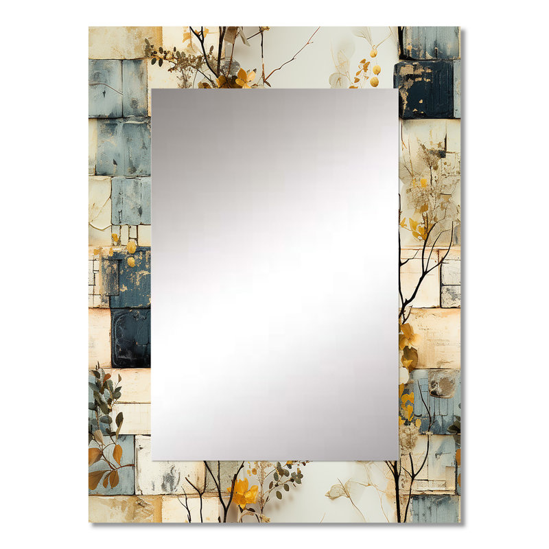 Bhayani Gray Cubic Botanical Dreams - miroir mural patchwork, miroir décoratif rétro, impression d'art en métal