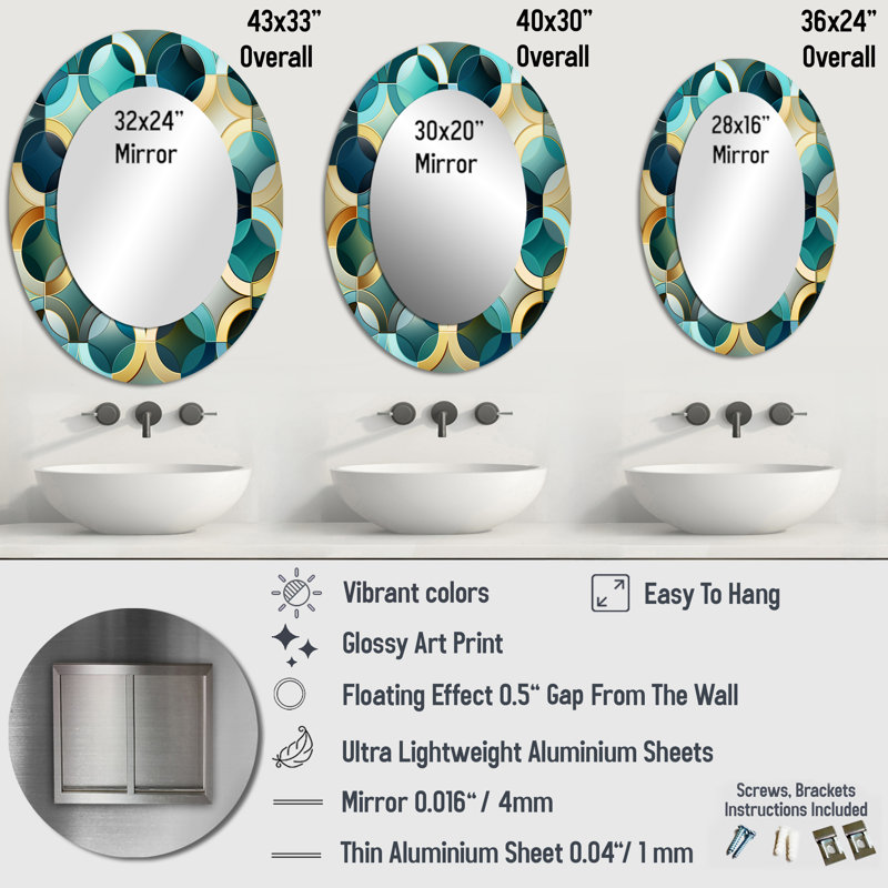 Teal And Golden Modern Geometric Tiles - Gold Oval Wall Mirror Decor, 36" H x 24" W