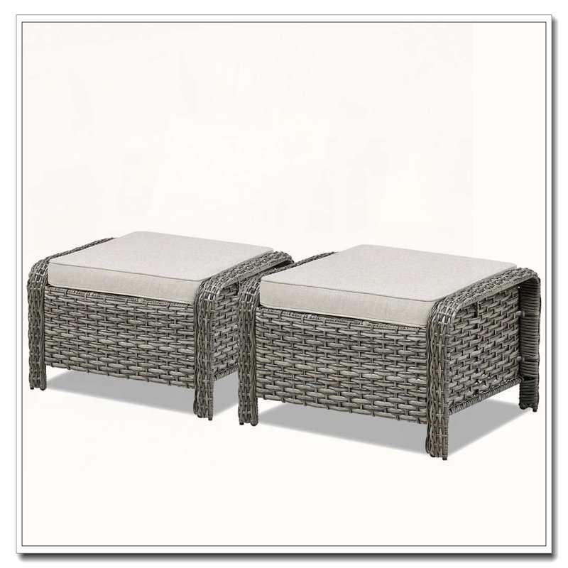 Outdoor PE Wicker Ottomans Set of 2 with Beige Cushions