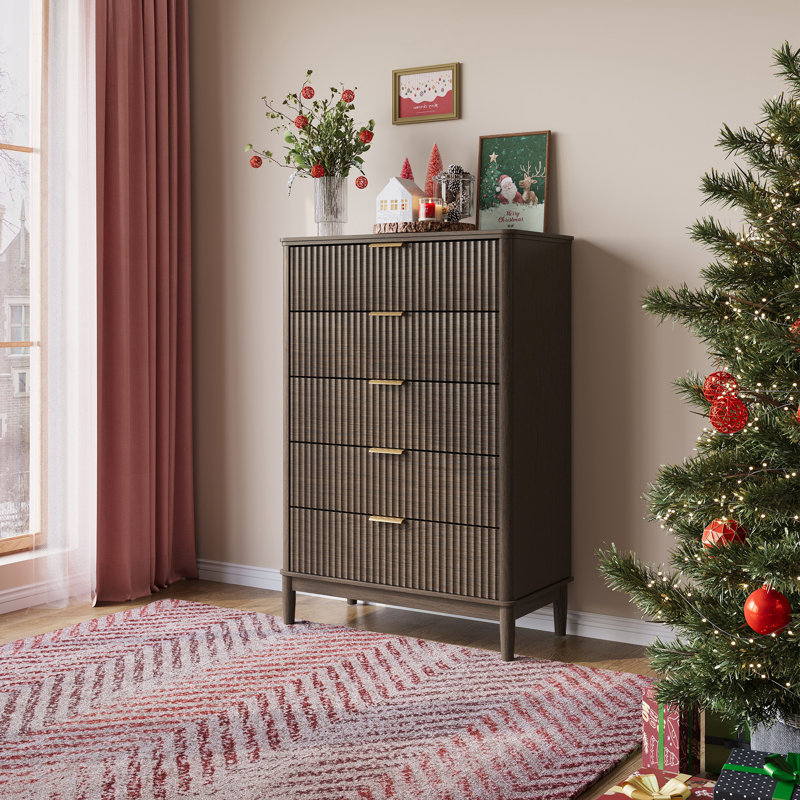  Commode cannelée à 5 tiroirs avec pieds en bois massif, 5 commode, Brun
