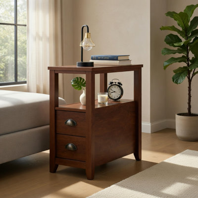 Table de bout en bois avec 2 tiroirs et tablette ouverte, table de chevet compacte pour petits espaces, brun