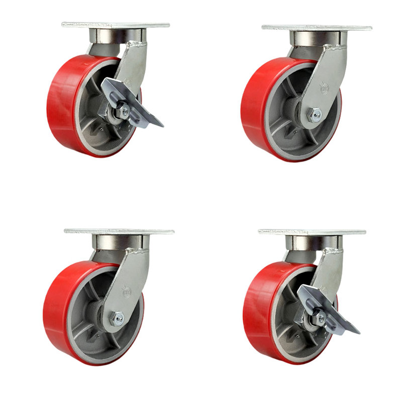 4 Piece Heavy Duty Poly on Cast Iron Caster Set, Red