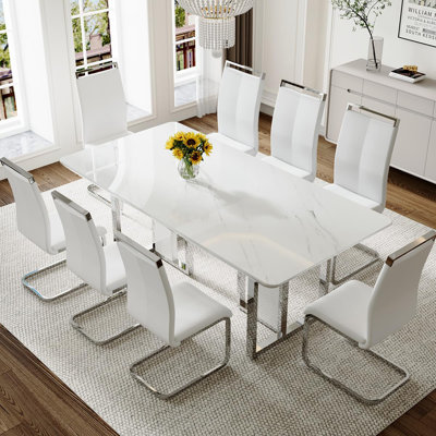 Ensemble de table de salle à manger blanc pour 8 personnes, ensemble de table de salle à manger de 78,7 po avec pieds chromés, ensemble de table et chaises de cuisine moderne pour 8 personnes, salle à manger ultrabrillante et robuste