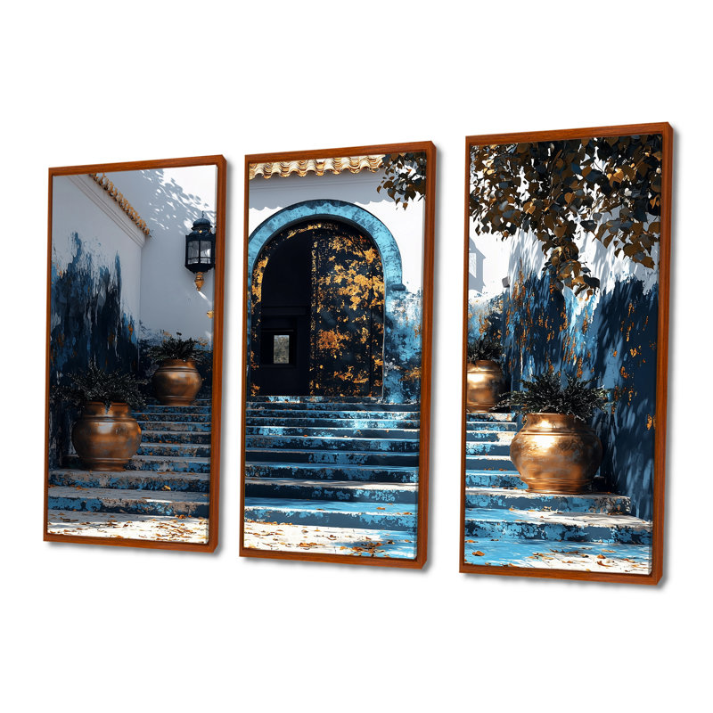 Maroc, Rabat bleu, Kasbah III, ensemble de reproductions d'art mural, Toile avec cadre flottant brun