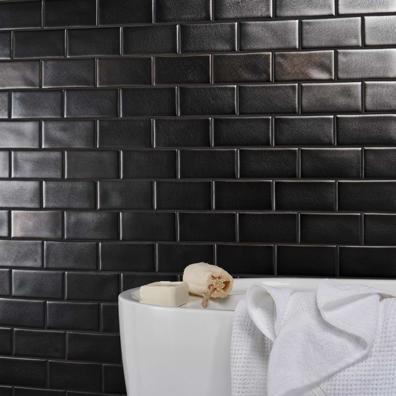 Nabi Subway 3x6 Crackled Glossy Glass Tile, Metallic Gunmetal
