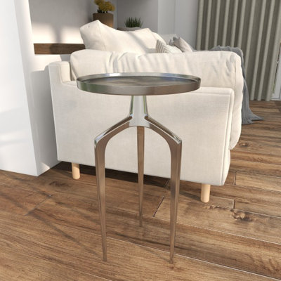 Jody Aluminum Metal Tray Inspired Top Side End Accent Table with 3 Tripod Legs