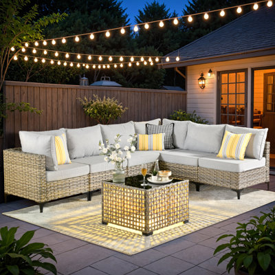 Emroy 6 - Person Outdoor Wicker Sectional Seating Group with Lighted Coffee Table, Modern Modular Rattan Conversation Set with Cushions