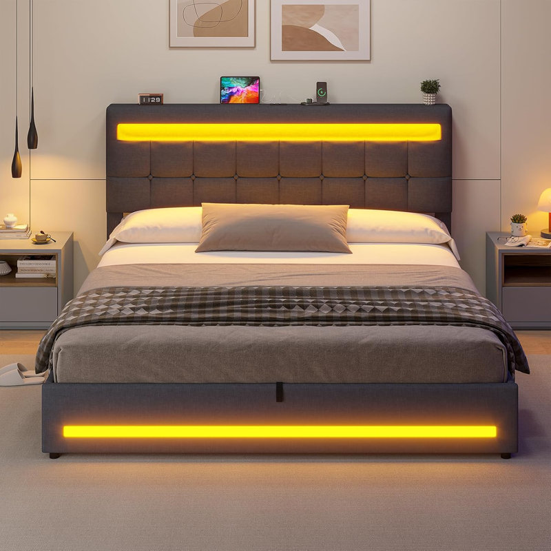 Ottoman Bed Frame with Charging Station & LED Lights, Upholstered Platform Bed frame with Under-bed Storage and Storage Headboard, No Box Spring Needed