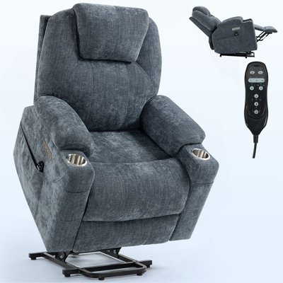 Up To 350 LBS Chenille Power Lift Recliner Chair, Heavy Duty Motion Mechanism With 8-Point Vibration Massage And Lumbar Heating, USB And Type-C Ports, Stainless Steel Cup Holders, Blue