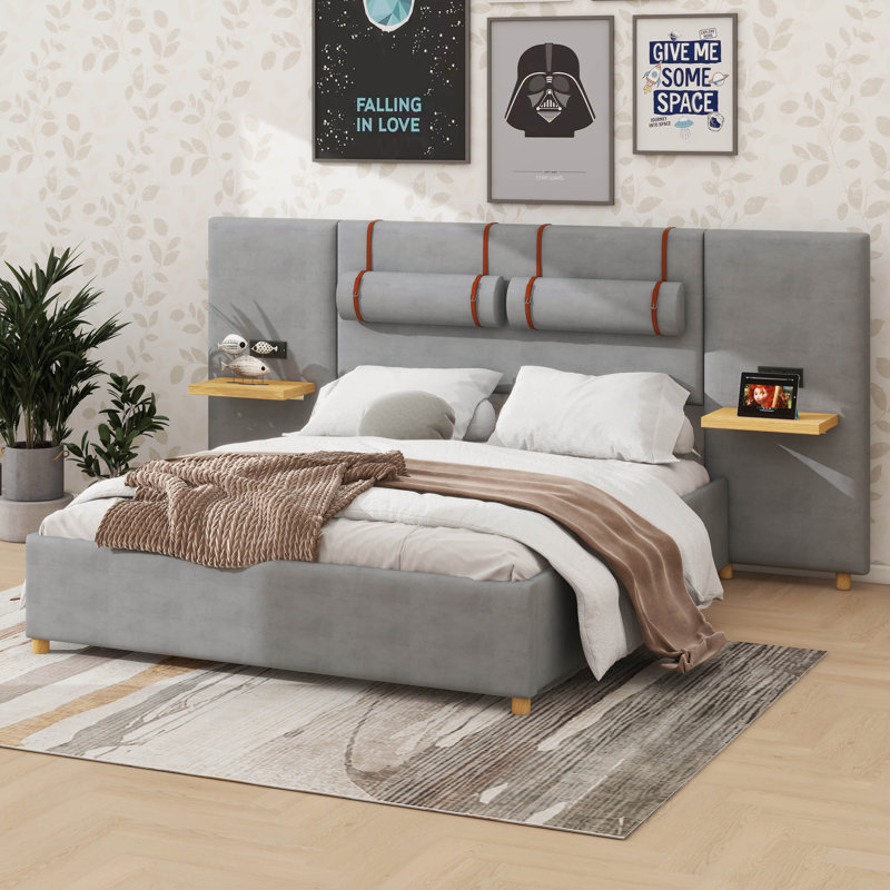 Queen-Sized Upholstered Platform Bed With Two Outlets And USB Ports On Each Side, Grey