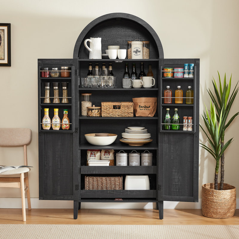 71 Inch Tall Arched Cabinet, Kitchen Pantry Cabinet With Doors & Shelves, Black