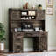 Bureau de direction Farmhouse avec huche et station de charge, bureau d'ordinateur avec 2 portes de grange coulissantes, 5 tiroirs et armoire de rangement avec tablette réglable à 3 positions-129412439