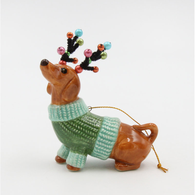 Ceramic Dachshund Ornament with Green Sweater and Antlers