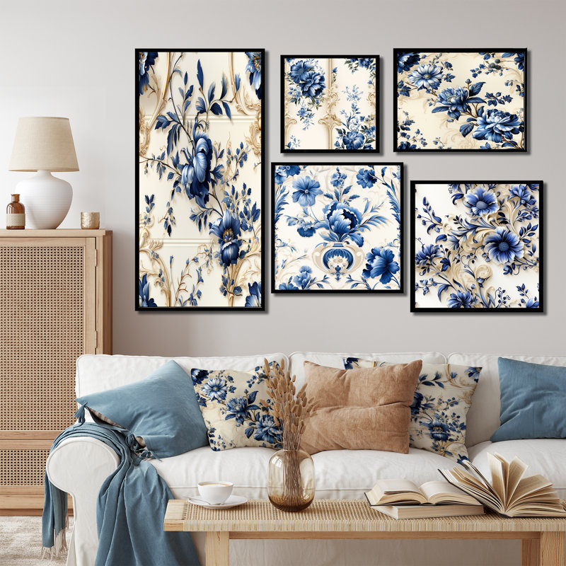 Cobalt Blue Ornamental Frames Victorian Pattern - Floral Canvas Prints Set Of 5, Black Floater Framed