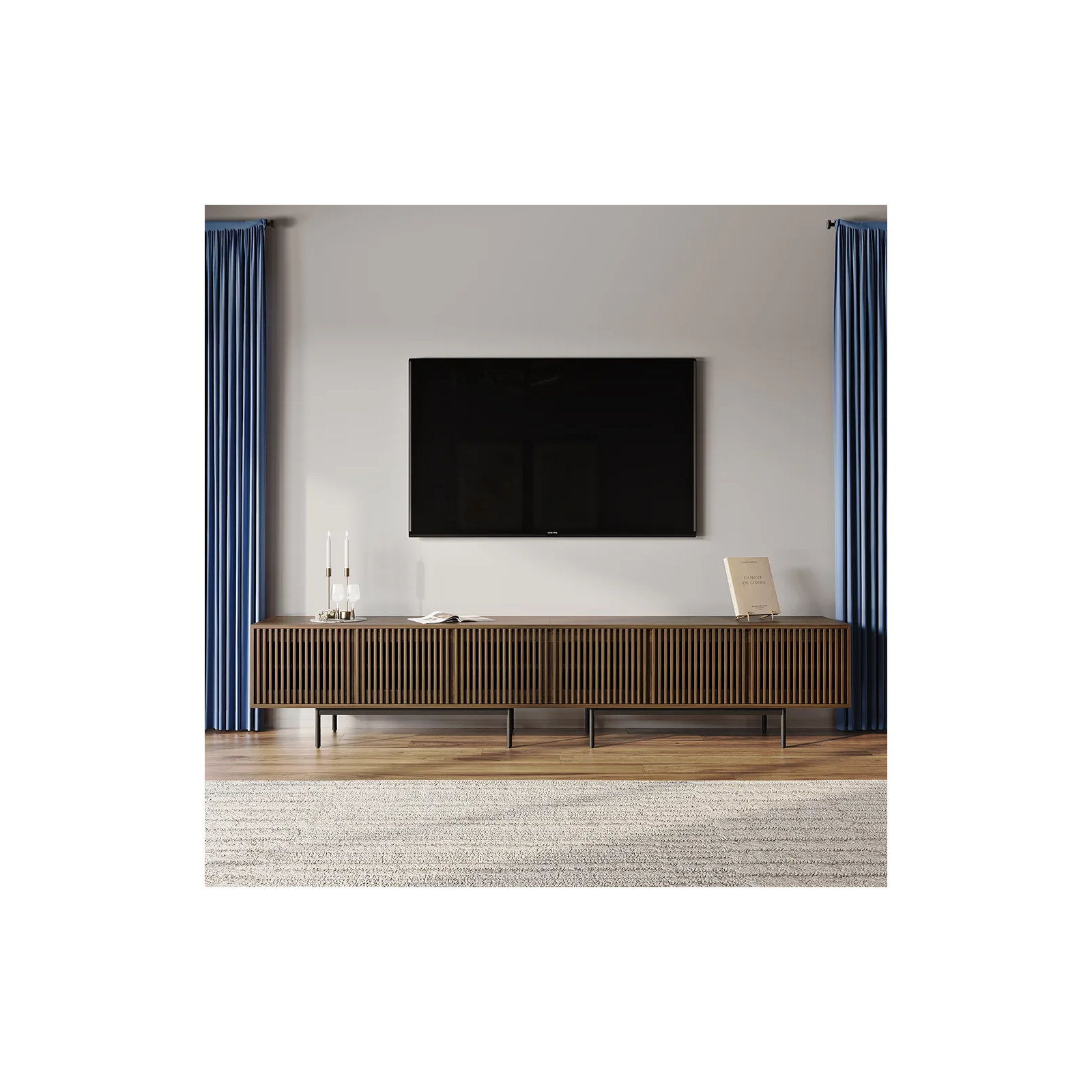 Daila Media Console, Walnut, 21.26" H x 118" W x 18.89" D