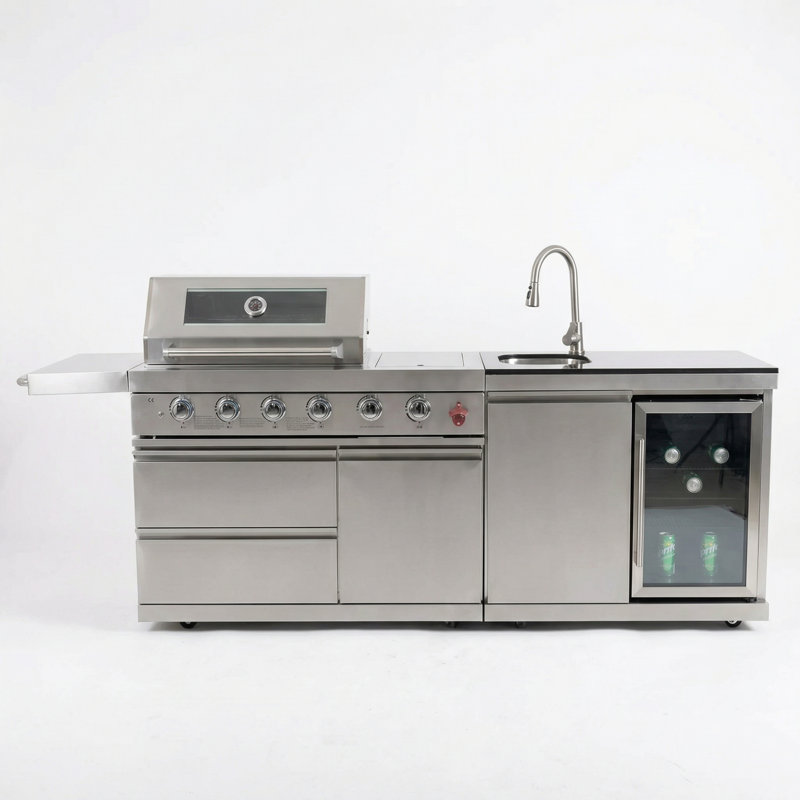 Ensemble d'îlot de cuisine 2 pièces Brixx avec gril à 6 brûleurs, réfrigérateur et évier, Argent