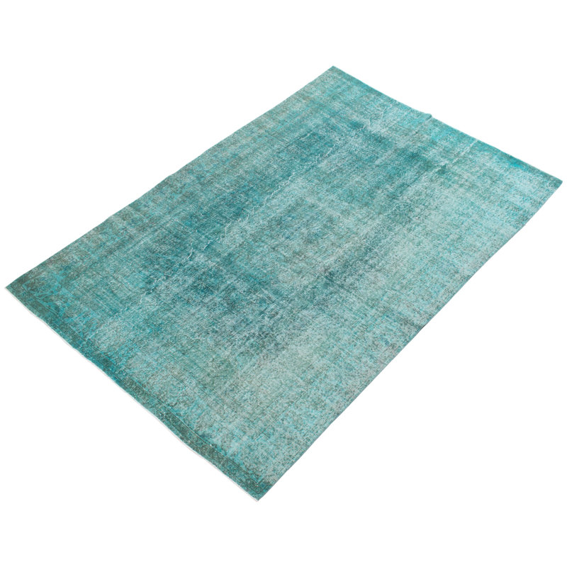 Tapis bleu sarcelle en laine noué à la main de conception unique 6 pi 8 po x 9 pi 11 po New Age