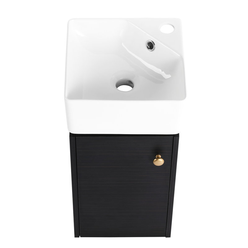 Lavabo de salle de bain mural moderne, 12 pouces pour petites salles de bain, châtaignier noir, matériaux avec support, lavabo en céramique cuit