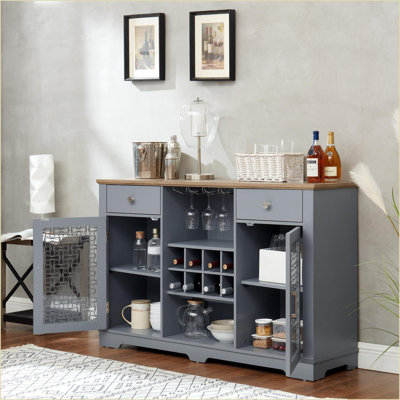 Cabinets, Modern Farmhouse Sideboard Buffet with 2 Drawers, Glass Doors &amp; Wine Rack | Light Blue + Light Oak 56.46”W | MDF | Kitchen