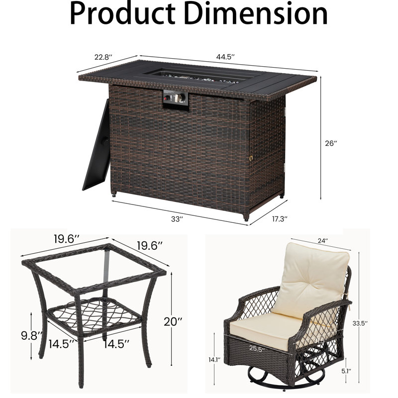 7 Piece Wicker Rattan Patio Furniture Set With Fire Pit Table & End Table, Cream