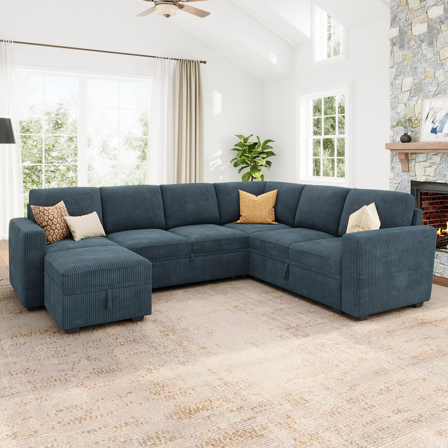 Corduroy Sleeper Sectional U Shaped Modular Sofa Bed With Storage Space