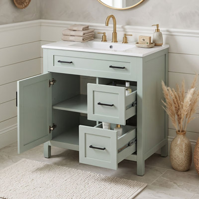 Meuble-lavabo de salle de bain avec lavabo en céramique, tiroirs et tablette réglable