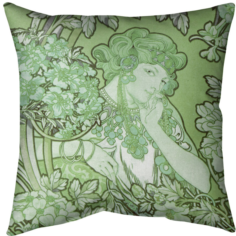 Coussin alphonse mucha femme entre les fleurs, Vert, Faux lin