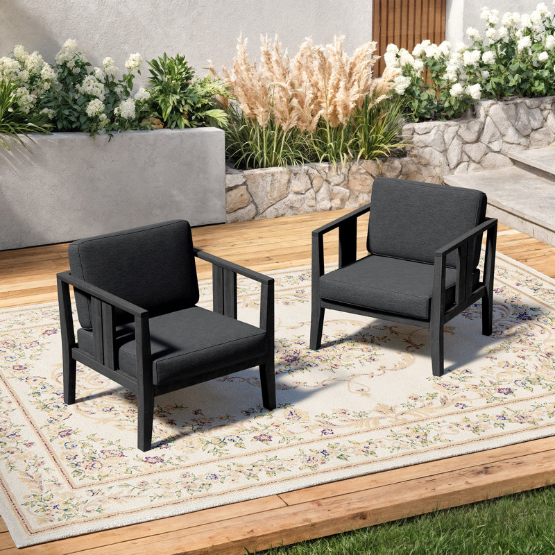 Solid Wood Teak Outdoor Lounge Chair With Cushion And Arm, Dark Gray, Black