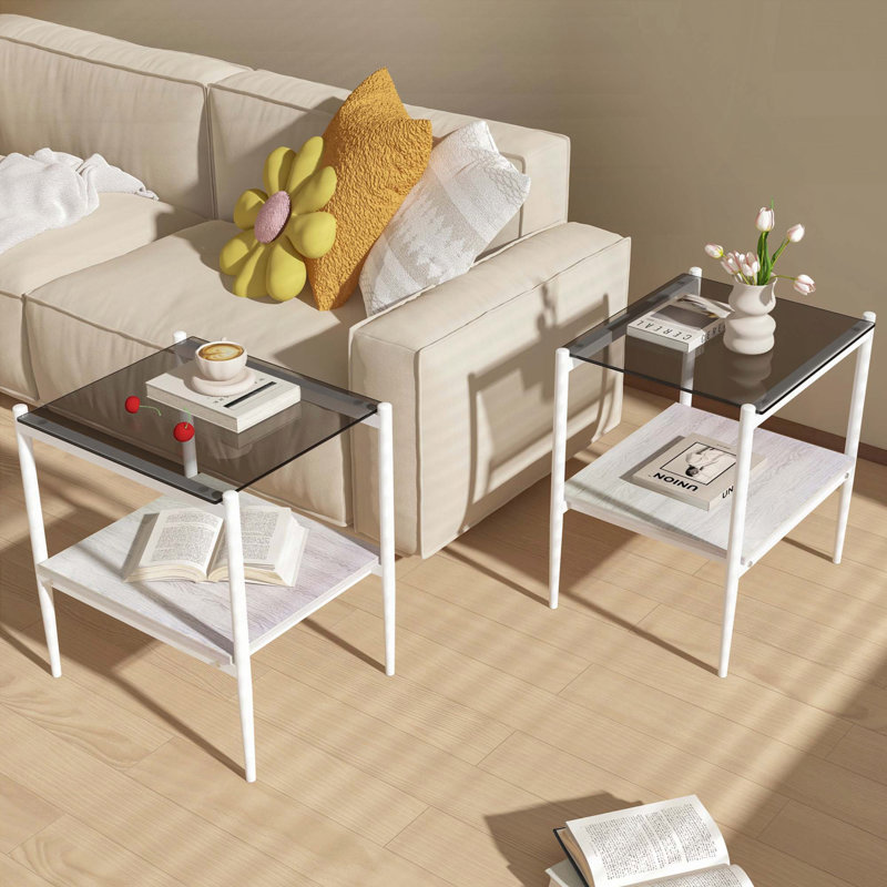 Ensemble de 2 tables de bout rectangulaires - plateau en verre trempé gris avec couche de panneau de fibres à densité moyenne